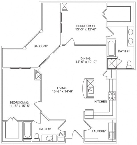 Floor plan for 2 beds, 2 baths, 1407 sqft